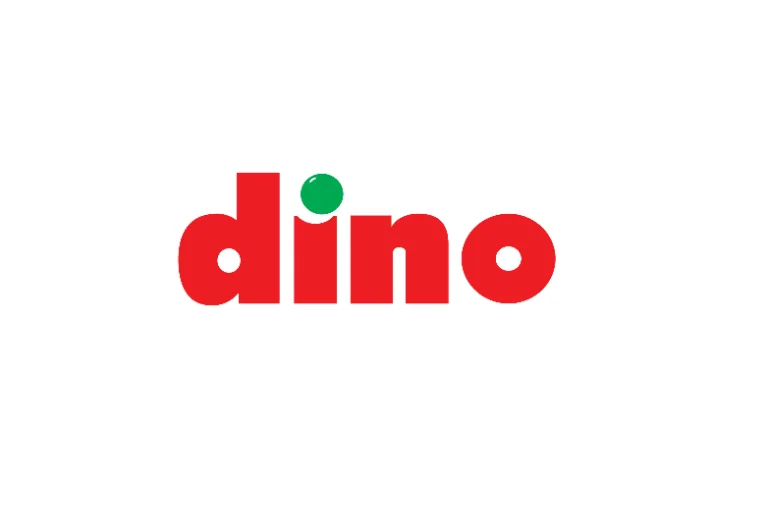 Logo Dino - czerwony napis z zieloną kropką nad literą i