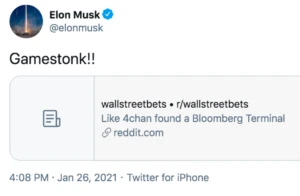 Tweet Elona Muska o GameStop z odniesieniem do wallstreetbets