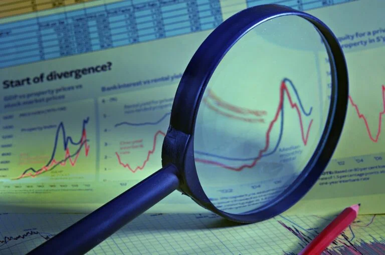 Lupa z niebieską rękojeścią na tle wykresów i tabel finansowych