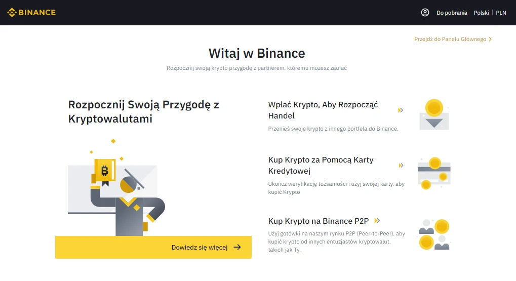 Strona rejestracji Binance z opcjami handlu kryptowalutami
