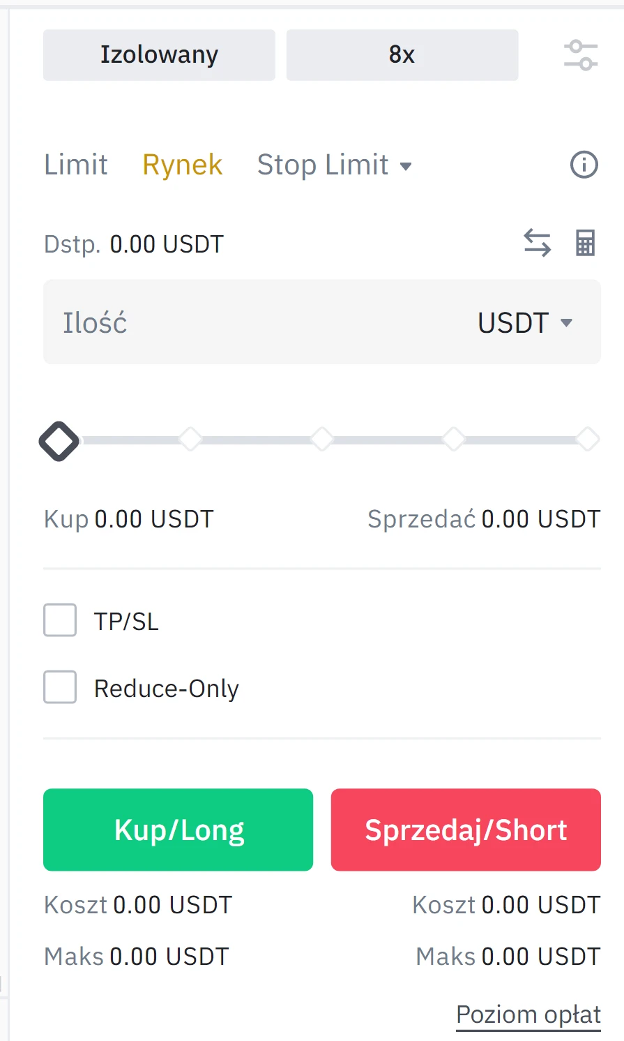 Panel zlecenia Kup/Long na Binance Futures z dźwignią 8x i ustawieniami ceny