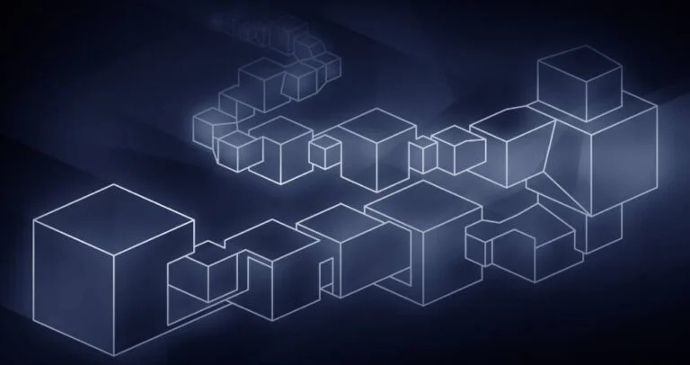 Połączone błękitne kostki 3D reprezentujące sieć blockchain i początkowy blok genesis