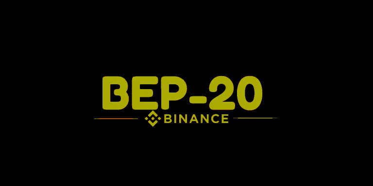 BEP-20 logo w żółtym tekście z symbolem Binance na czarnym tle