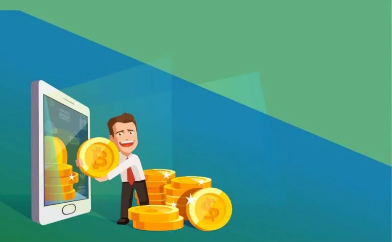 Animowana postać wychodząca ze smartfona z monetami Bitcoin i dolarowymi