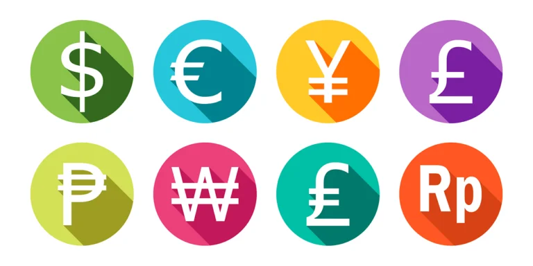 Kolorowe ikony ośmiu walut światowych: dolar, euro, jen, funt, peso, won, rupia