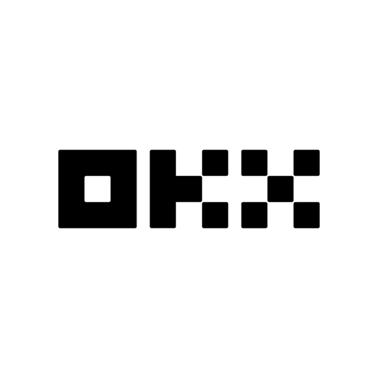 Logo OKX zbudowane z czarnych kwadratów w stylu pikselowym