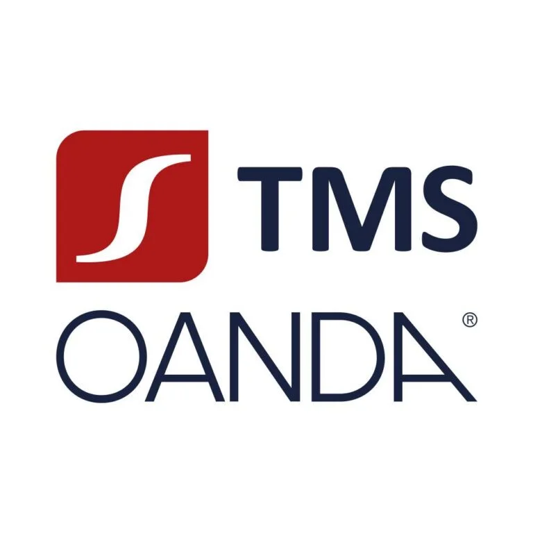 Logo OANDA TMS z czerwonym symbolem i napisem w kolorze granatowym