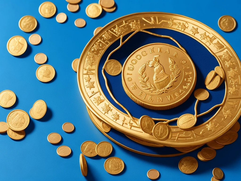 Złote monety i token na niebieskim tle, symbol kryptowalut