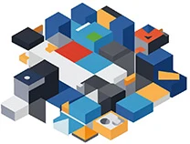 Kolorowe izometryczne kostki tworzące sieć połączonych węzłów blockchain