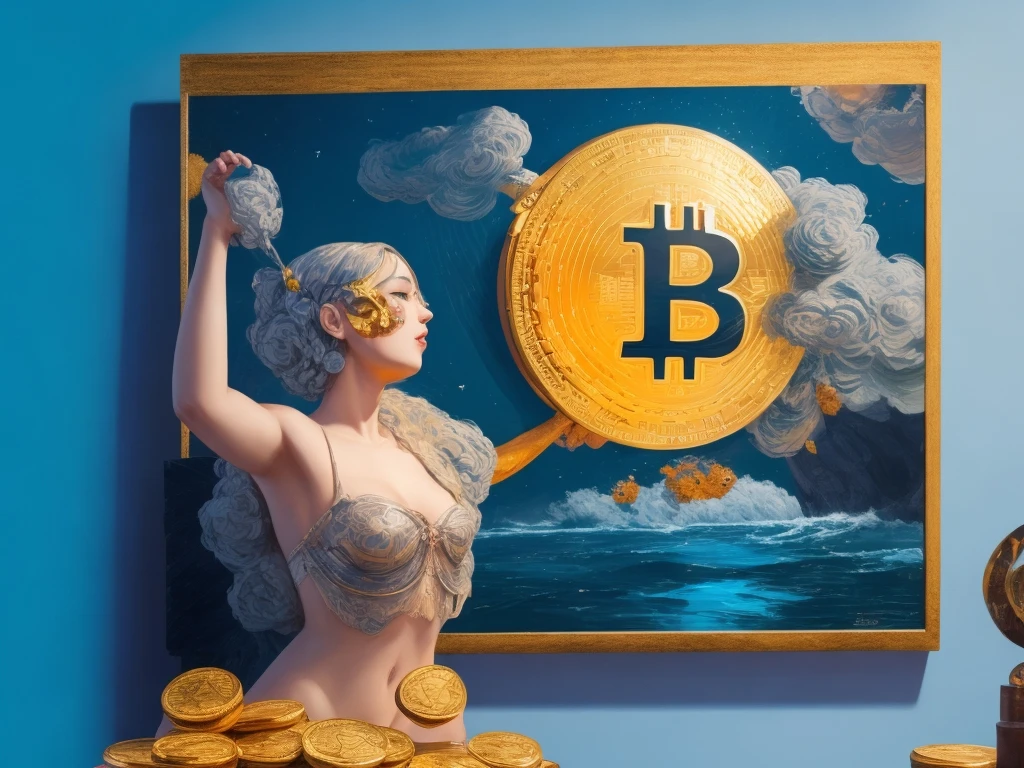 Kobieta z Bitcoin symbolem w chmurach, złote monety