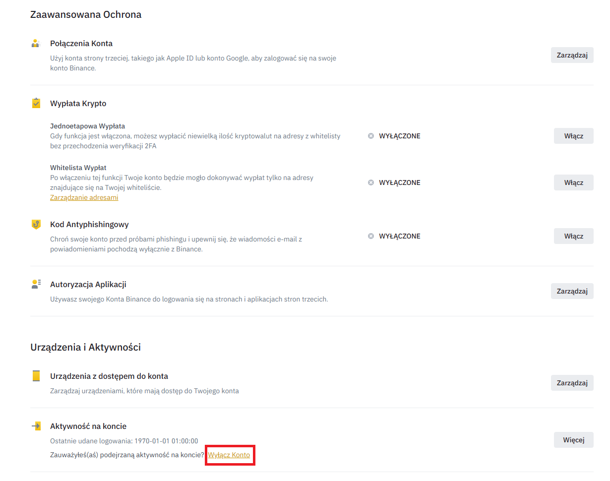 Opcje zaawansowanej ochrony na Biance. Na dole listy znajduje się Aktywność na koncie i przycisk Wyłącz konto. 