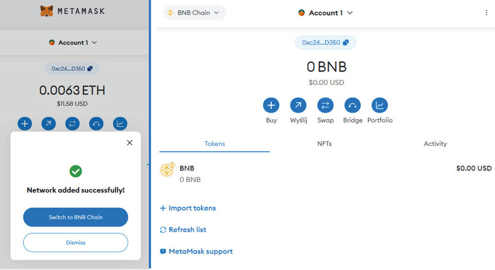 Binance MetaMask - Sieć BSC podłączona