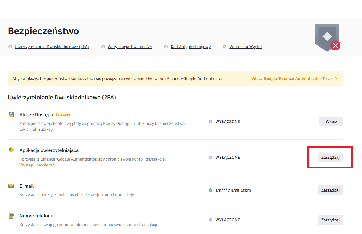 Zakładka Bezpieczeństwo z opcjami uwierzytelniania dwuskładnikowego, w tym aplikacja i przycisk Zarządzaj. 