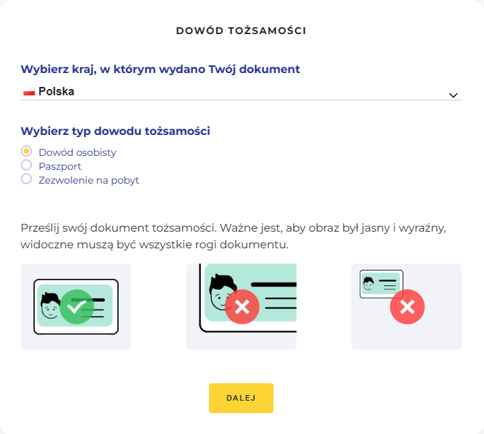 Wybór kraju wydania dokumentu i jego rodzaju: dowód osobisty, paszport lub zezwolenie na pobyt. 