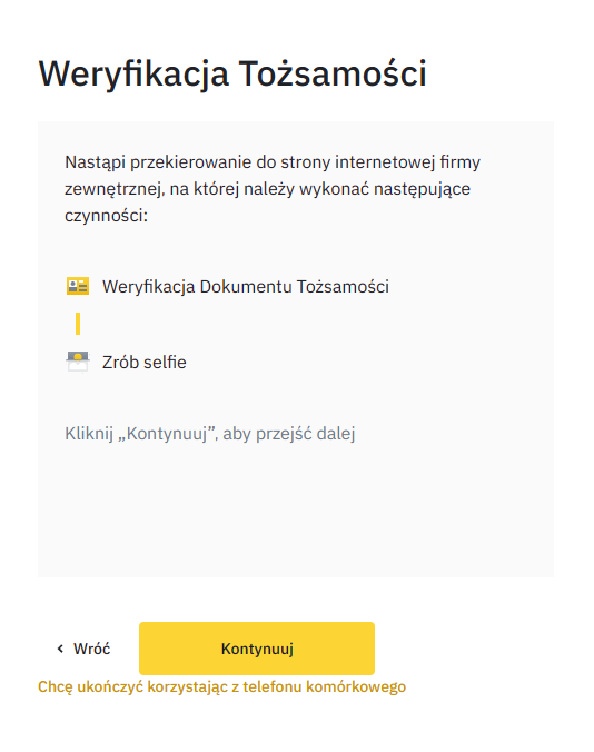 Przekierowanie do zewnętrznej strony internetowej w celu zrobienia zdjęcia dokumentu tożsamości i selfie. 