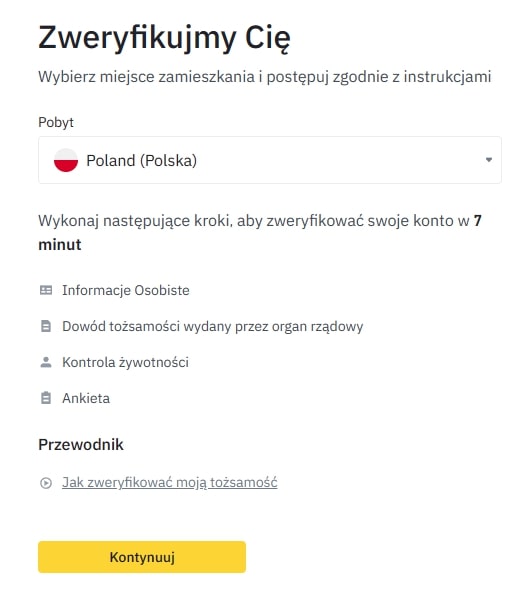 Pierwszy krok procesu weryfikacji tożsamości na Binance. Wybór kraju pobytu