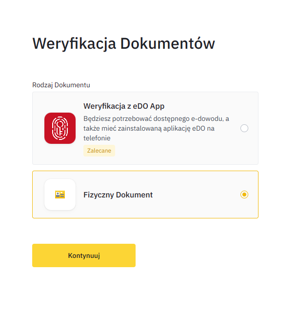 Wybór rodzaju dokumentu potwierdzającego tożsamość. E-dowód lub fizyczny dokument. 