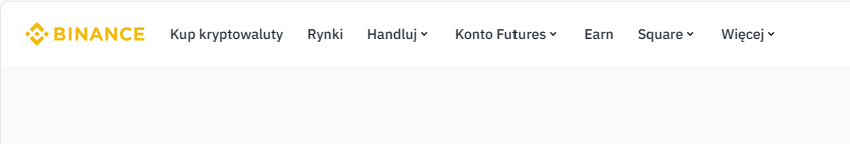Sekcje z opcjami. Kolejno: Kup kryptowaluty, Rynki, Handluj, Konto Futures, Earn, Square, Więcej. 