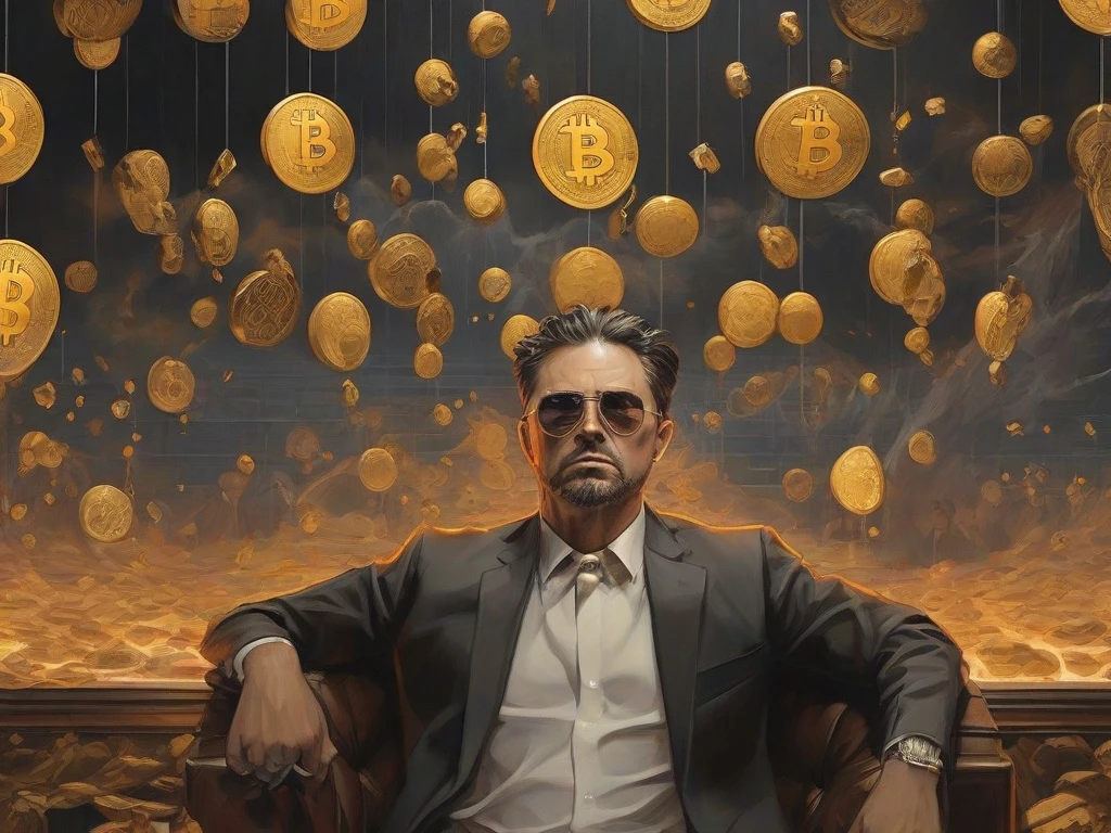 Mężczyzna w garniturze i okularach przed deszczem monet Bitcoin