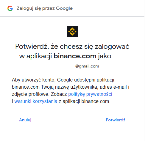 Potwierdzenie logowania za pomocą konta Google w procesie rejestracji.