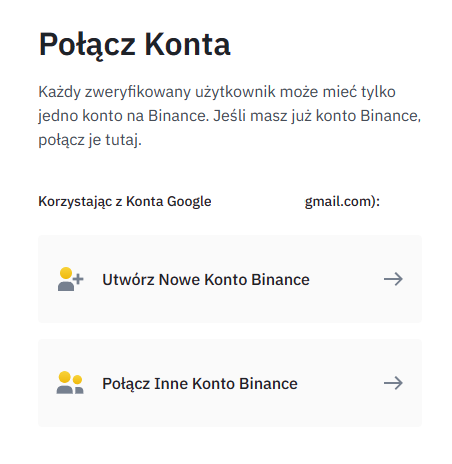 Opcja łączenia istniejących kont lub tworzenia nowego konta na Binance. 