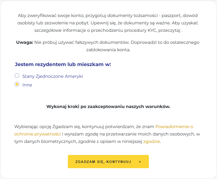 Deklaracja rezydentury i akceptacja warunków Binance. 