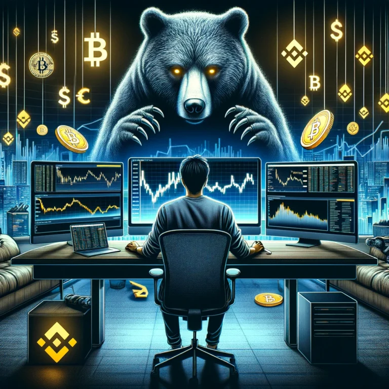 Trader monitorujący wykresy kryptowalut z niedźwiedziem symbolizującym spadki cen