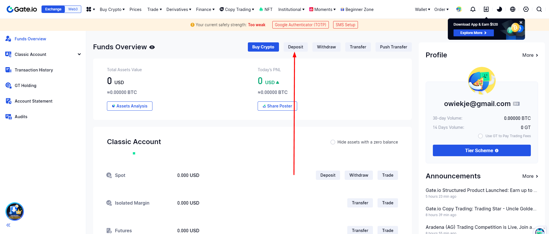 Gate.io deponowanie środków - krok 1