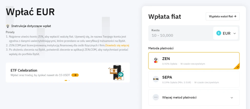Panel wypłaty EUR na Bybit z metodami ZEN i SEPA