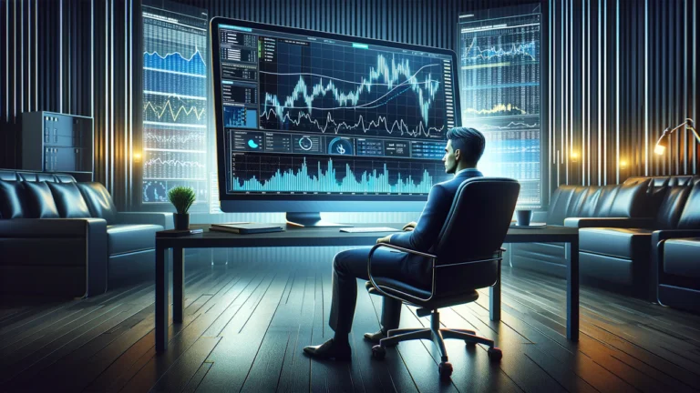 Trader w ciemnym garniturze analizuje wykresy giełdowe na dużym monitorze w nowoczesnym biurze