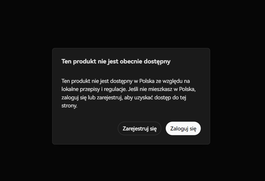 Strona OKX futures wyświetla w Polsce informację, że produkt nie jest dostępny ze względu na regulacje.