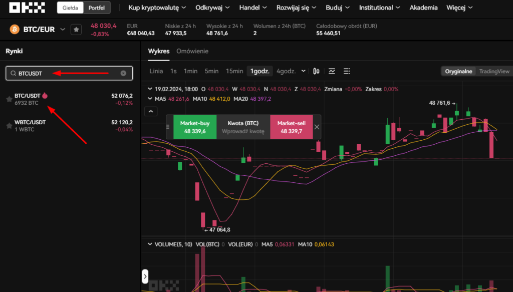 Wybieramy parę handlową BTC/USDT