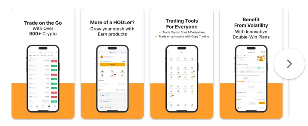 Cztery ekrany aplikacji Bybit z funkcjami tradingu i earn produktami