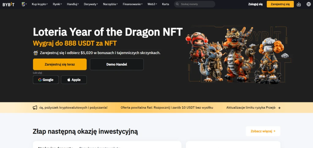Interfejs główny platformy Bybit z promocją Loterii Year of the Dragon NFT