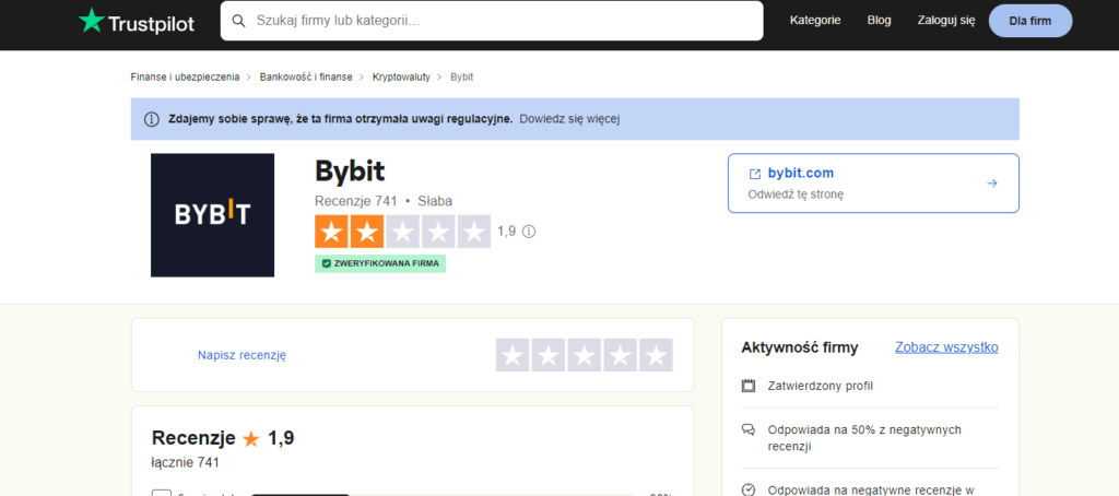 Bybit posiada bardzo niską ocenę w serwisie Trustpilot