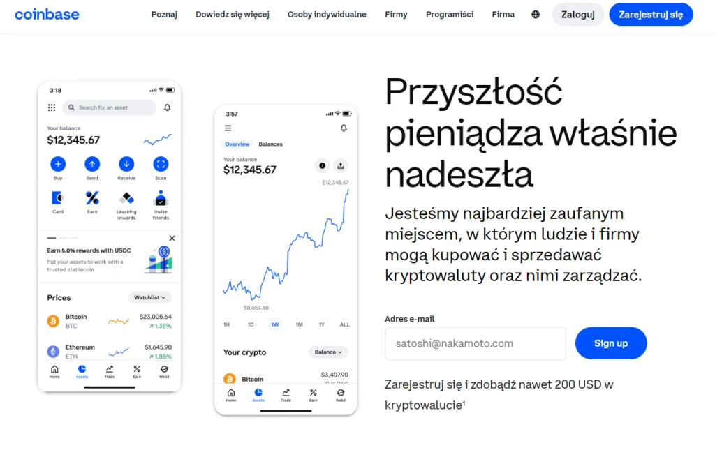 Dwa ekrany aplikacji mobilnej Coinbase ze saldem $12,345.67 i wykresem Bitcoin