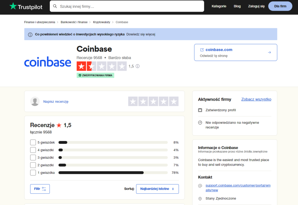 W serwisie Trustpilot Coinbase nie cieszy się zbyt dobrymi opiniami użytkowników