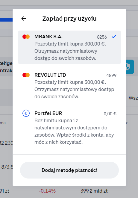 Platforma Coinbase pozwala na podpięcie do konta kart płatniczych w polskich złotówkach i kupowanie przy ich użyciu cyfrowych aktywów. Środki zostaną jednak przekonwertowane na euro