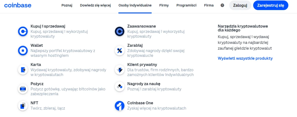 Produkty i usługi dostępne na platformie Coinbase