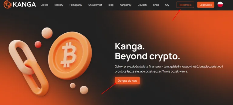 Strona główna Kanga Exchange z bitcoinem i przyciskiem Dołącz do nas