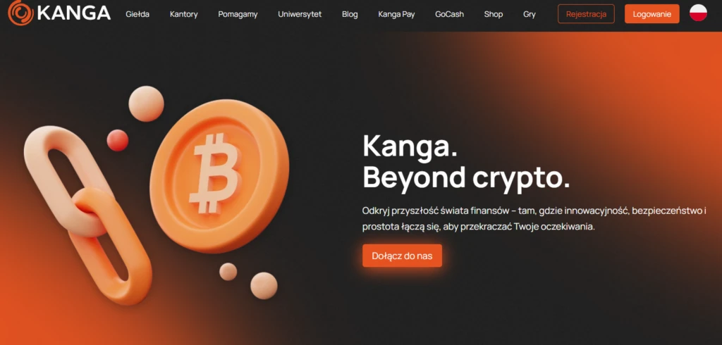 Kanga Exchange strona główna z Bitcoin i łańcuchem symbolizującym finanse