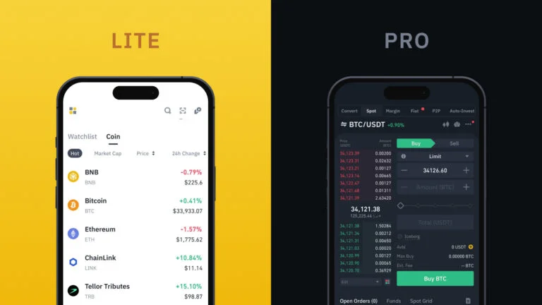 Ekran aplikacji Binance z portfelem, notowaniami i przyciskiem Deposit