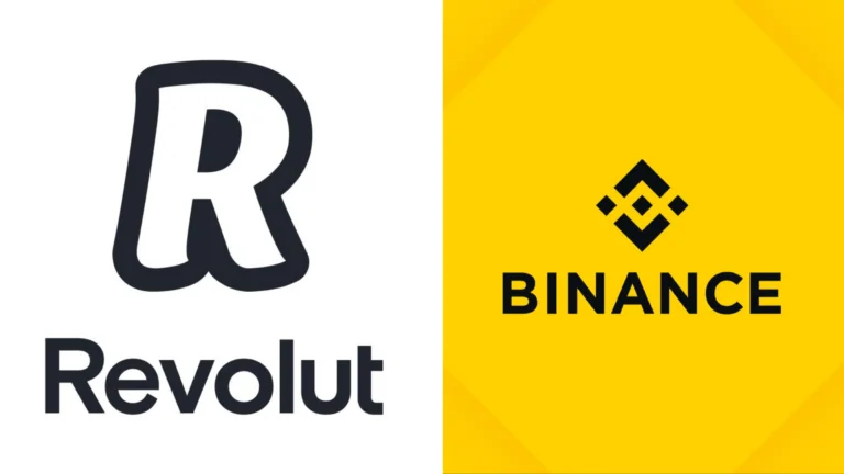 Logotypy platform Revolut i Binance obok siebie na białym i żółtym tle
