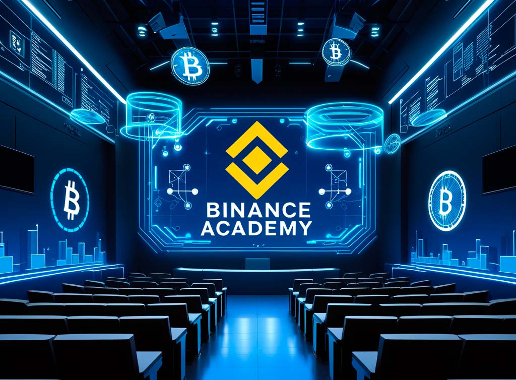 Sala wykładowa Binance Academy z logiem, hologramami Bitcoin i interfejsem cyfrowym