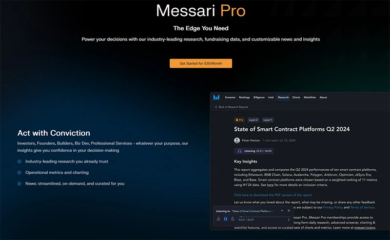 Interfejs platformy Messari Pro pokazujący raport o platformach smart contract Q2 2024