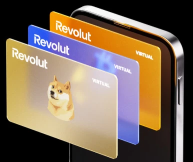 Trzy karty Revolut z logo, symbolem Doge i etykietą virtual