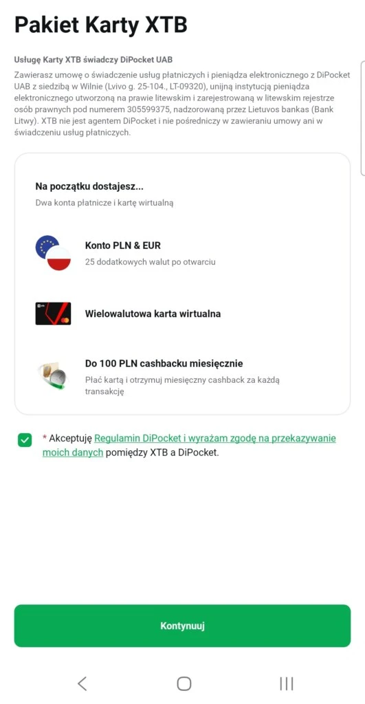 Ekran aplikacji XTB z ofertą Pakietu Karty XTB od DiPocket