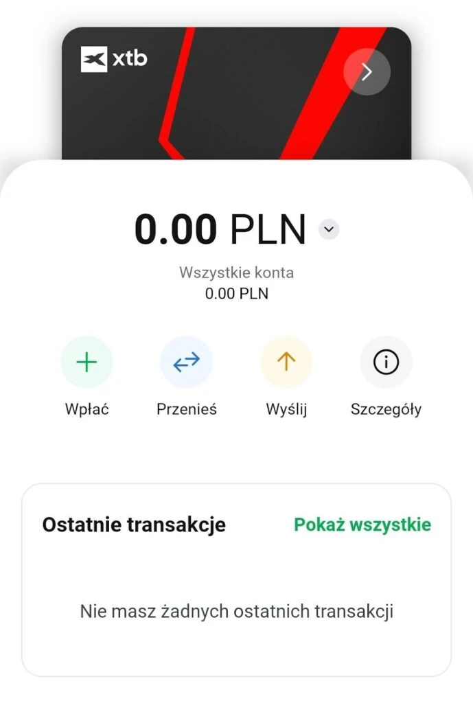 Ekran eWallet XTB z saldem 0.00 PLN i opcjami transakcji