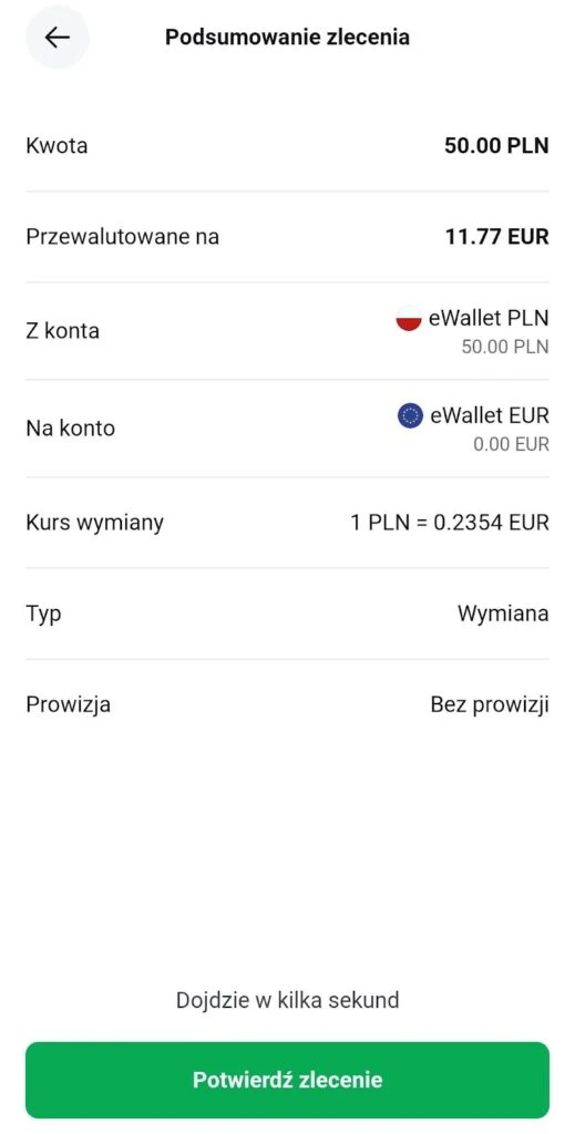 Podsumowanie zlecenia eWallet PLN wymiana walut