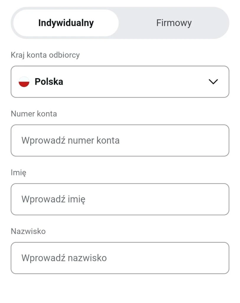 Formularz rejestracji konta indywidualnego w eWallet XTB dla Polski